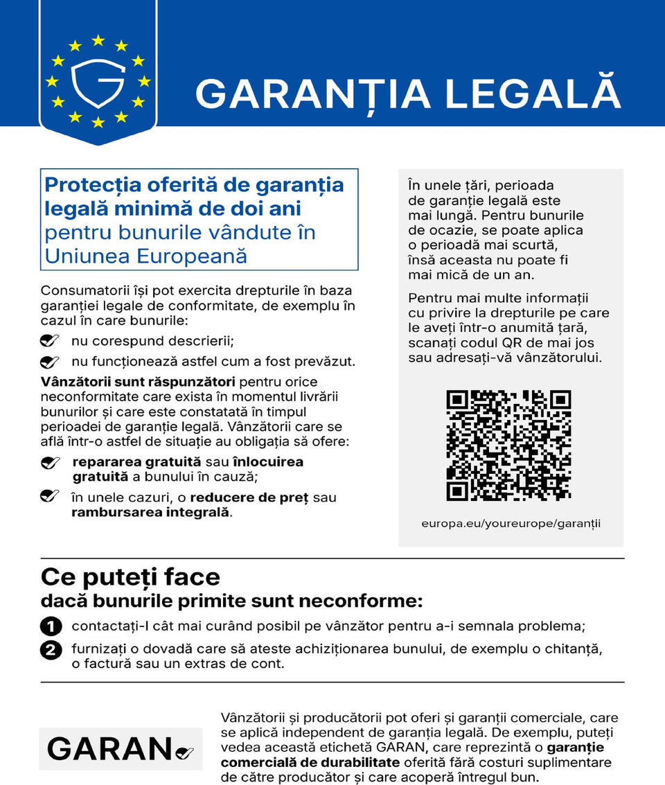 Garanția legală – notificare armonizată a UE: garanție legală minimă de doi ani pentru bunurile vândute în Uniunea Europeană.